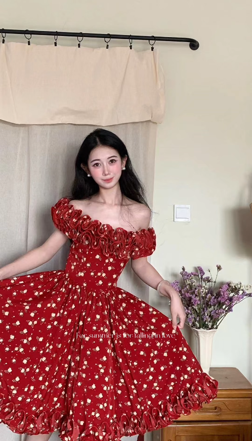 Jolie Robe d'Anniversaire Épaules Dénudées, Robe d'Été en Satin Coupe A, Robe de Soirée Bordeaux ES07230