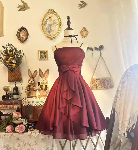 Cute Spaghetti Straps Birthday Dress A-Line Chiffon Summer Dress Burgundy Party Dress ES07233