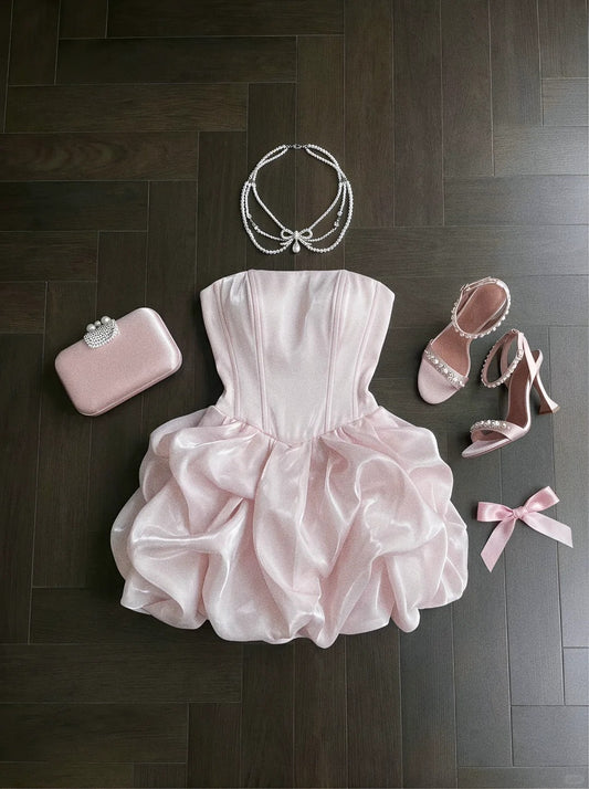 Cute Strapless Birthday Dress A-Line Chiffon Summer Dress Pink Party Dress ES07234
