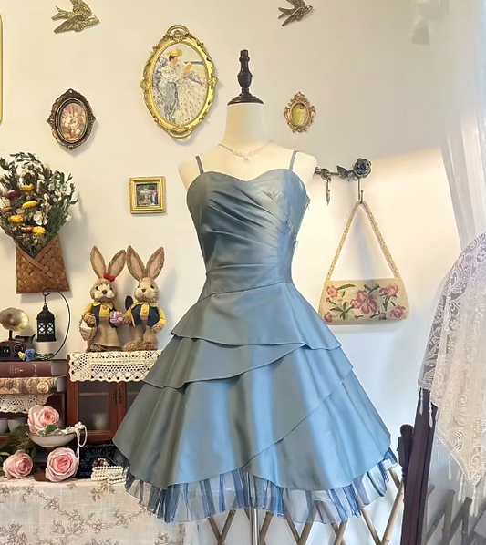 Cute Spaghetti Straps Birthday Dress A-Line Satin Summer Dress Blue Party Dress ES07236