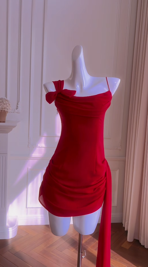 Sexy Spaghetti Straps Birthday Dress Sheath Satin Summer Dress Red Party Dress ES07237