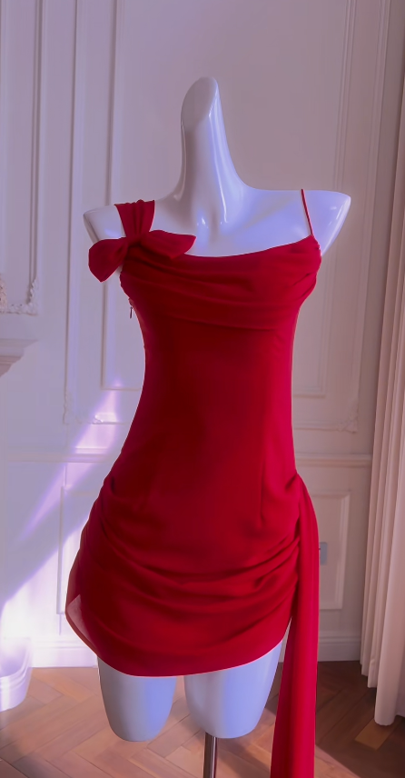 Sexy Spaghetti Straps Birthday Dress Sheath Satin Summer Dress Red Party Dress ES07237