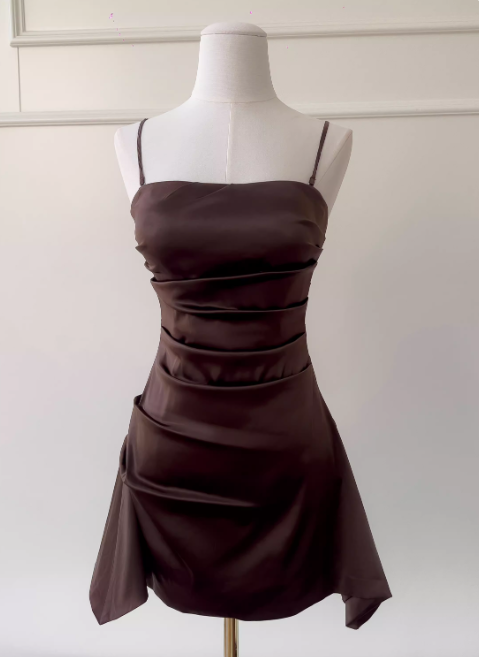 Chic Spaghetti Straps A-line Cocktail Dress Satin Graduation Party Dress Brown Birthday Dress  ES07238