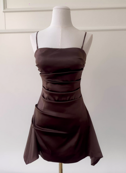 Chic Spaghetti Straps A-line Cocktail Dress Satin Graduation Party Dress Brown Birthday Dress  ES07238