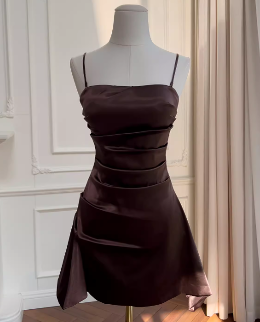 Chic Spaghetti Straps A-line Cocktail Dress Satin Graduation Party Dress Brown Birthday Dress  ES07238