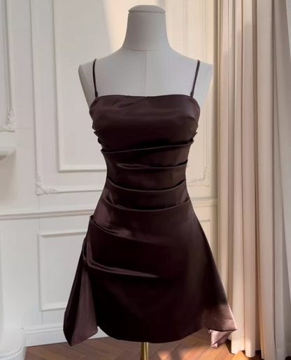 Chic Spaghetti Straps A-line Cocktail Dress Satin Graduation Party Dress Brown Birthday Dress  ES07238