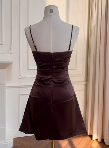 Chic Spaghetti Straps A-line Cocktail Dress Satin Graduation Party Dress Brown Birthday Dress  ES07238