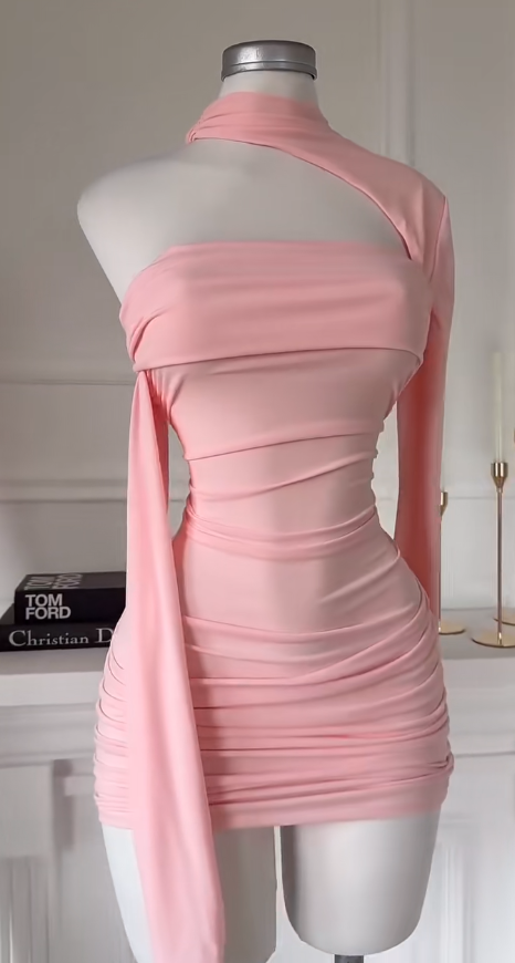 Sexy One-shoulder Sheath Cocktail Dress Chiffon Graduation Party Dress Pink Birthday Dress  ES07246