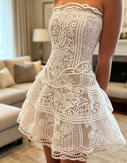 Robe d'anniversaire bustier sexy, robe de bal courte évasée en dentelle, robe de soirée blanche ES07250