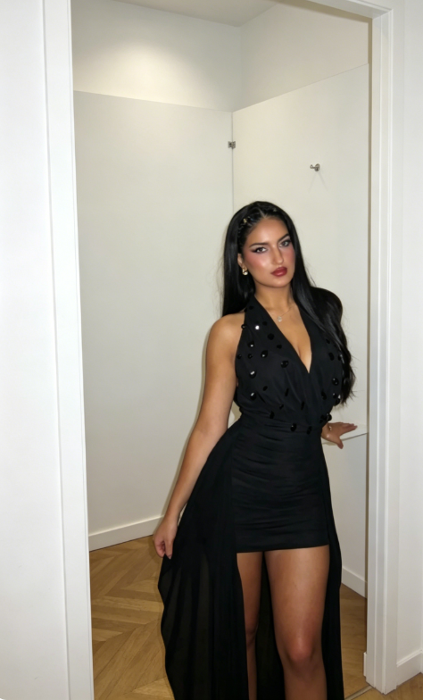Chic Halter Birthday Dress Sheath Chiffon Rhinstones Graduation Dress Black Party Dress ES07257