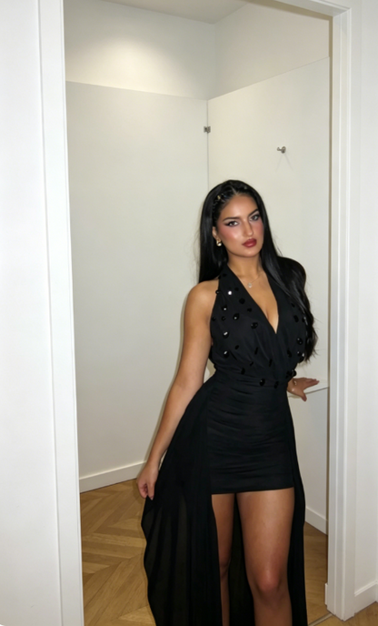 Chic Halter Birthday Dress Sheath Chiffon Rhinstones Graduation Dress Black Party Dress ES07257