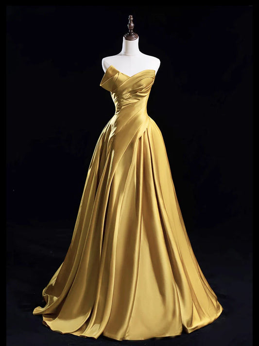 A-Line Satin Gold Long Prom Dress, Gold Long Formal Dress EW0100