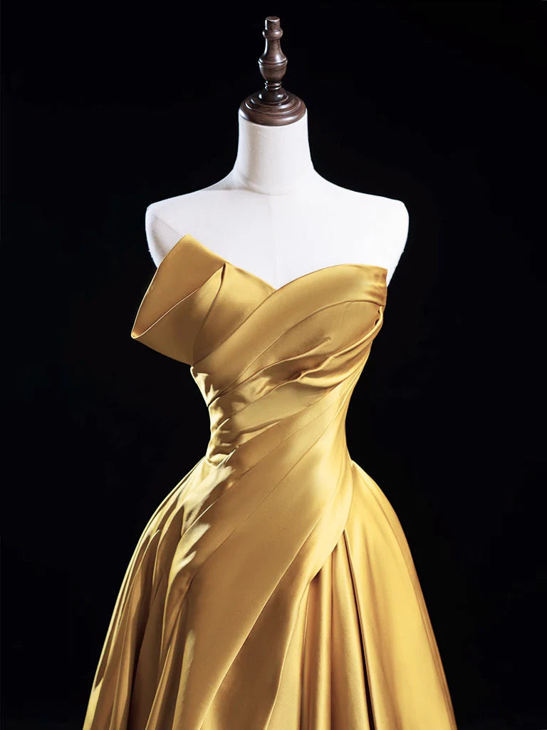 A-Line Satin Gold Long Prom Dress, Gold Long Formal Dress EW0100