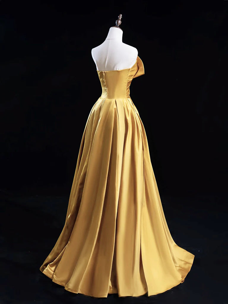 A-Line Satin Gold Long Prom Dress, Gold Long Formal Dress EW0100
