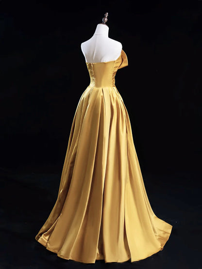 A-Line Satin Gold Long Prom Dress, Gold Long Formal Dress EW0100