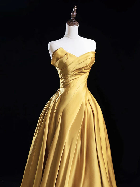 A-Line Satin Gold Long Prom Dress, Gold Long Formal Dress EW0100