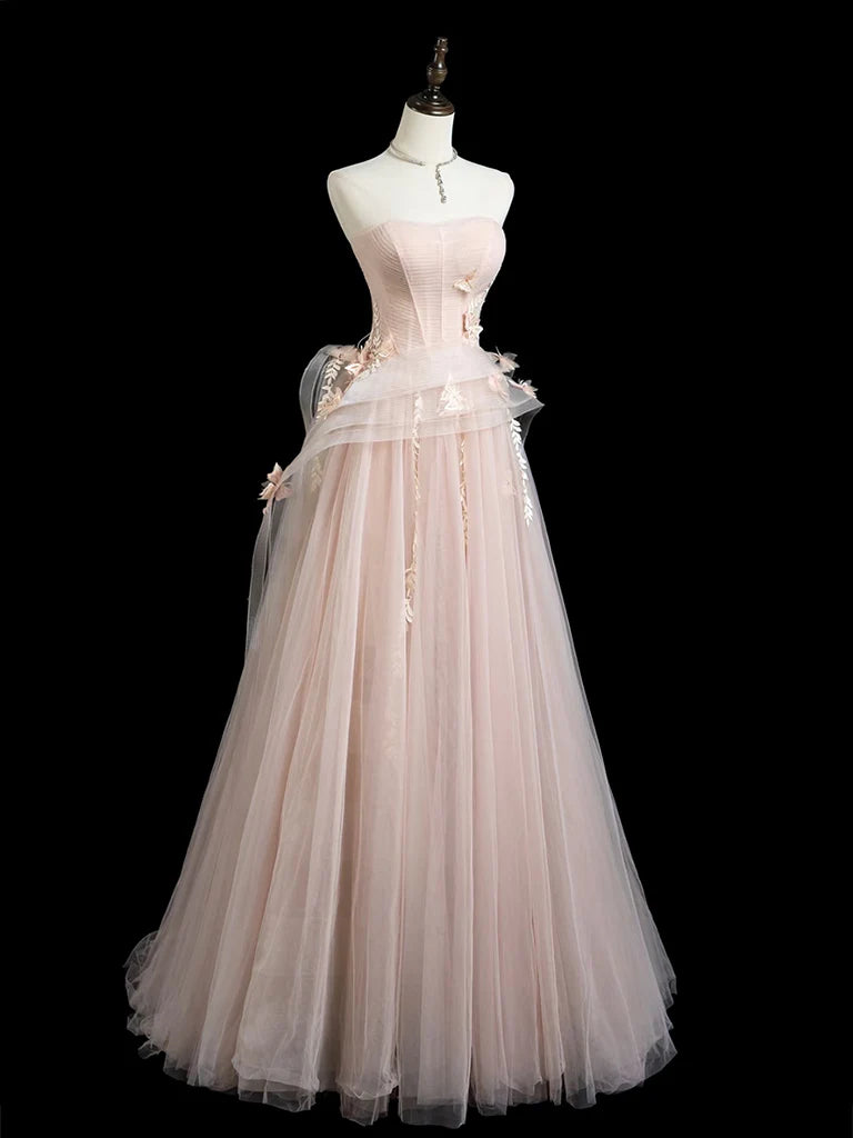 A-Line Tulle Applique Long Prom Dress, Pink Long Formal Dress EW0101