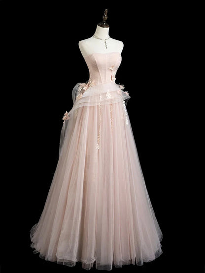 A-Line Tulle Applique Long Prom Dress, Pink Long Formal Dress EW0101