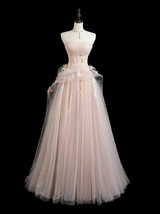 A-Line Tulle Applique Long Prom Dress, Pink Long Formal Dress EW0101