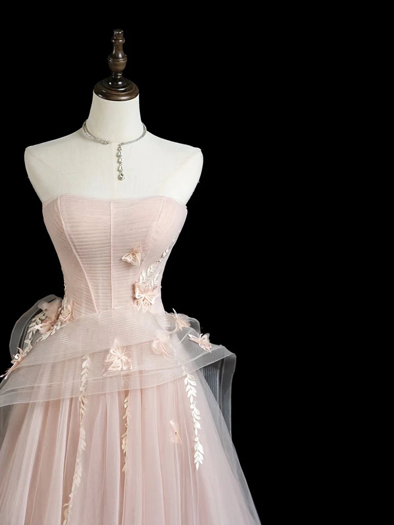 A-Line Tulle Applique Long Prom Dress, Pink Long Formal Dress EW0101