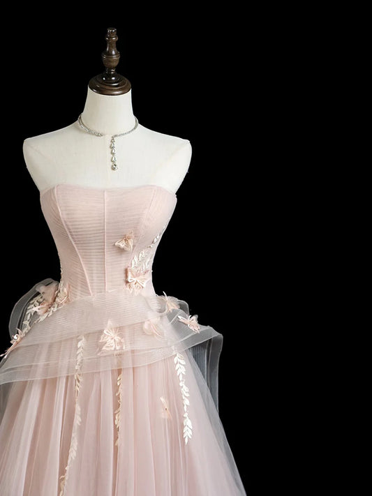 A-Line Tulle Applique Long Prom Dress, Pink Long Formal Dress EW0101
