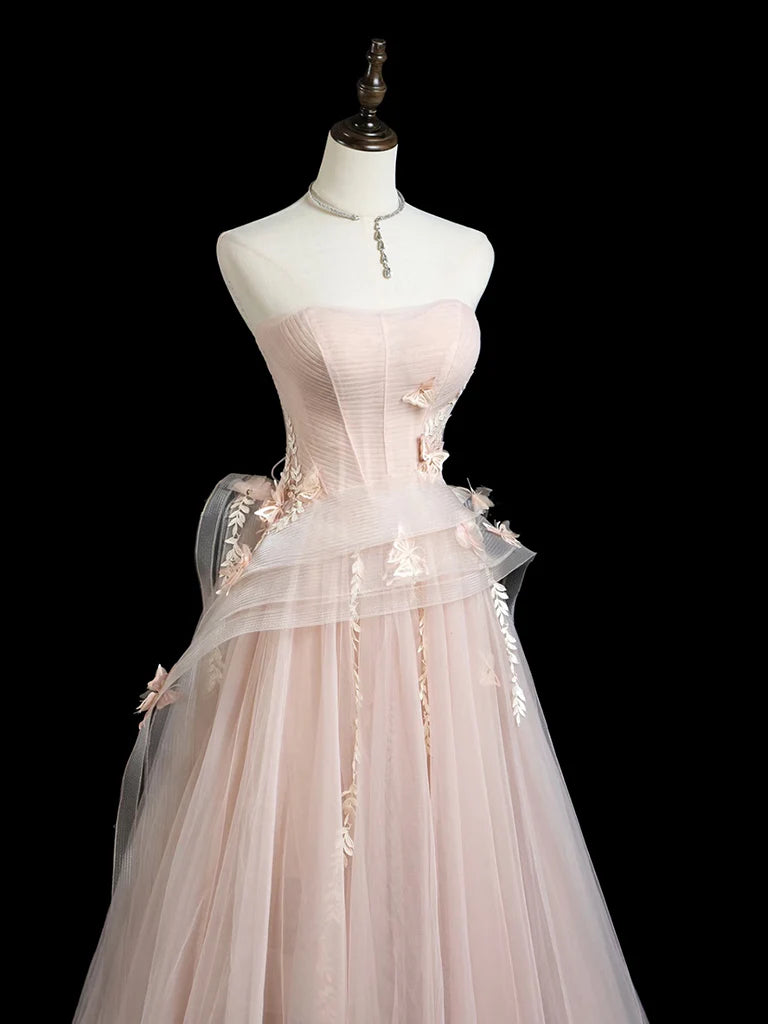 A-Line Tulle Applique Long Prom Dress, Pink Long Formal Dress EW0101
