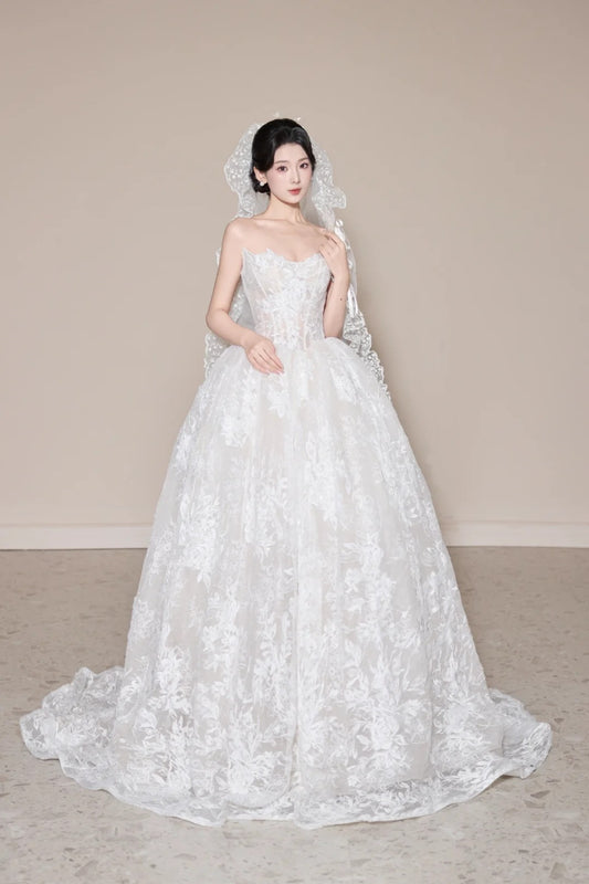 Timeless Strapless Wedding Dresses Applique A-Line Tulle Bridal Gowns Sleeveless White Bridal Dresses EW0103