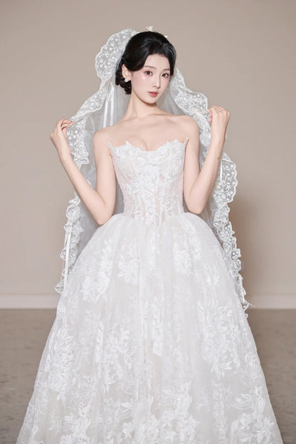 Timeless Strapless Wedding Dresses Applique A-Line Tulle Bridal Gowns Sleeveless White Bridal Dresses EW0103