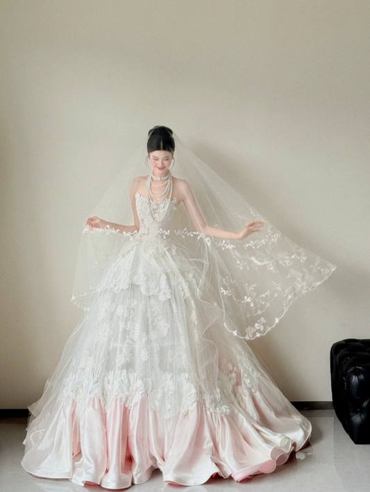 Vintage Strapless Wedding Dresses A-Line Lace Bridal Gowns Sleeveless White/Pink Bridal Dresses EW0105