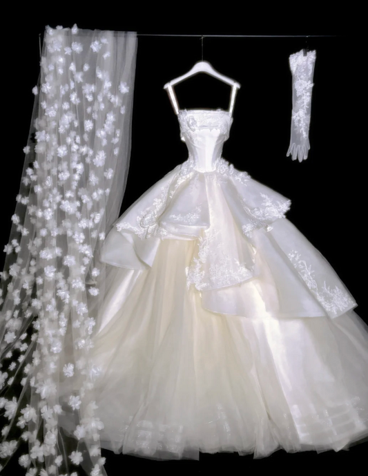 Elegant  Ball Gown Applique Strapless Wedding Dresses Tulle Bridal Gowns White Bridal Dresses EW0106