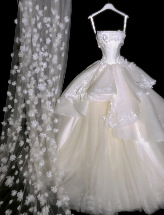 Elegant  Ball Gown Applique Strapless Wedding Dresses Tulle Bridal Gowns White Bridal Dresses EW0106