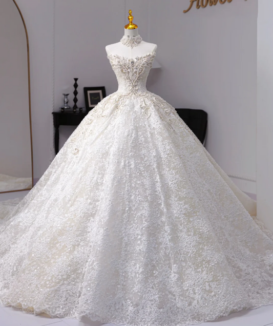 Simple Strapless Ball Gown Lace Wedding Dresses Beaded Bridal Gowns White Sleeveless Bridal Dresses EW0108