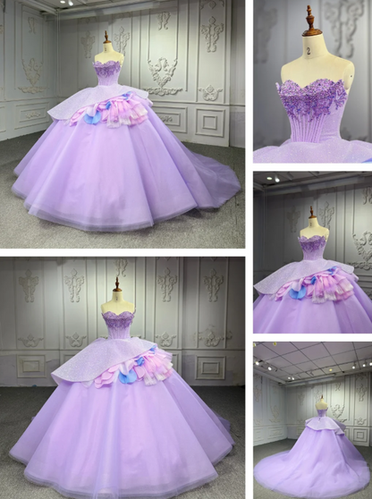 Gorgeous Strapless Ball Gown Tulle Long Prom Dresses Beaded Purple Quinceanera Dresses Sweet 16 Dress EW0111