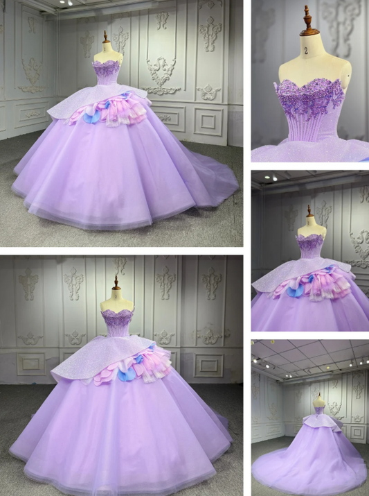 Gorgeous Strapless Ball Gown Tulle Long Prom Dresses Beaded Purple Quinceanera Dresses Sweet 16 Dress EW0111