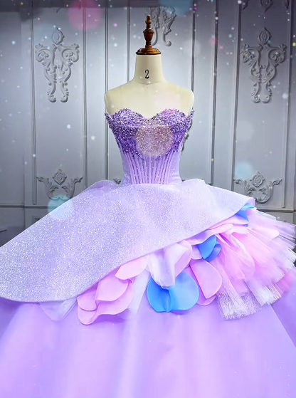 Gorgeous Strapless Ball Gown Tulle Long Prom Dresses Beaded Purple Quinceanera Dresses Sweet 16 Dress EW0111
