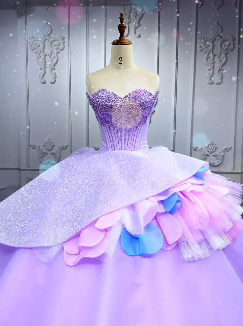 Gorgeous Strapless Ball Gown Tulle Long Prom Dresses Beaded Purple Quinceanera Dresses Sweet 16 Dress EW0111