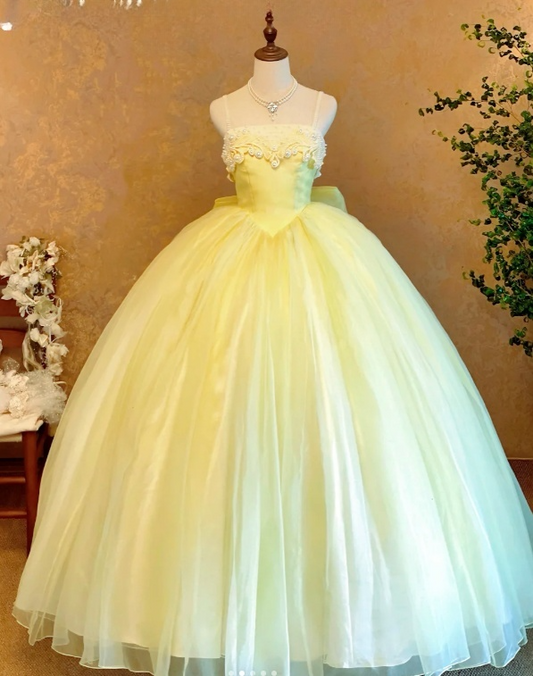 Fairy Spaghetti Strap Ball Gown Tulle Long Prom Dresses Cute Yellow Quinceanera Dresses Sleeveless Sweet 16 Dress EW0113