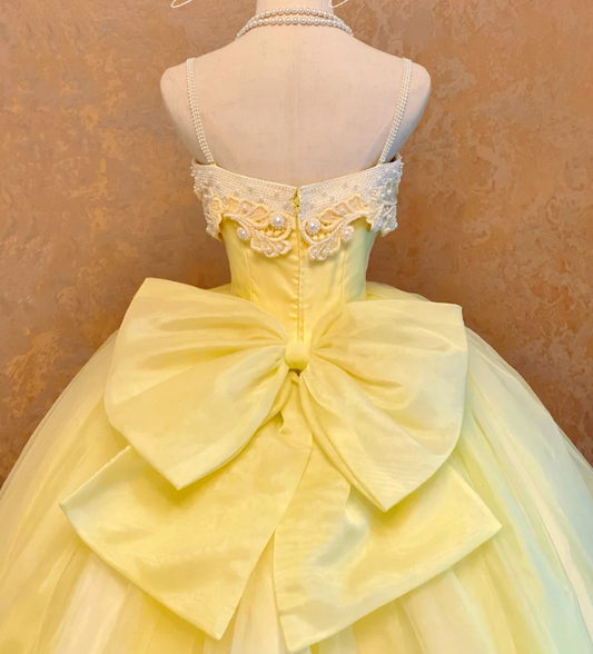 Fairy Spaghetti Strap Ball Gown Tulle Long Prom Dresses Cute Yellow Quinceanera Dresses Sleeveless Sweet 16 Dress EW0113