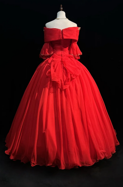 Fairy Off-the-shoulder Ball Gown Beaded Chiffon Long Prom Dresses Red Quinceanera Dresses Long Sleeve Sweet 16 Dress EW0114