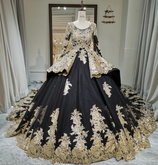 Elegant Jewel Ball Gown Applique Satin Long Prom Dresses Black Quinceanera Dresses Long Sleeve Sweet 16 Dress EW0115