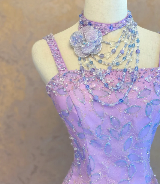Fairy Spaghetti Strap Ball Gown Beaded Tulle Long Prom Dresses Lilac Quinceanera Dresses Sleeveless Sweet 16 Dress EW0116