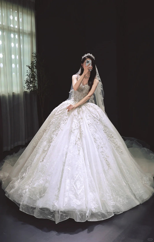 Modest White Ball Gown Tulle Beaded Wedding Dress Straps Lace Applique Bridal Gown with Veil EW017