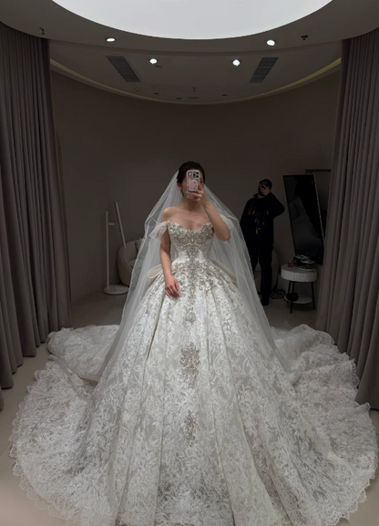 Modest Off-shoulder A-Line  Wedding Dress Lace Bridal Gowns Sleeves White Birdal Dress EW04756