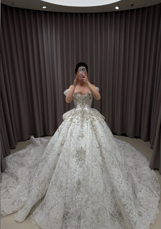 Modest Off-shoulder A-Line  Wedding Dress Lace Bridal Gowns Sleeves White Birdal Dress EW04756