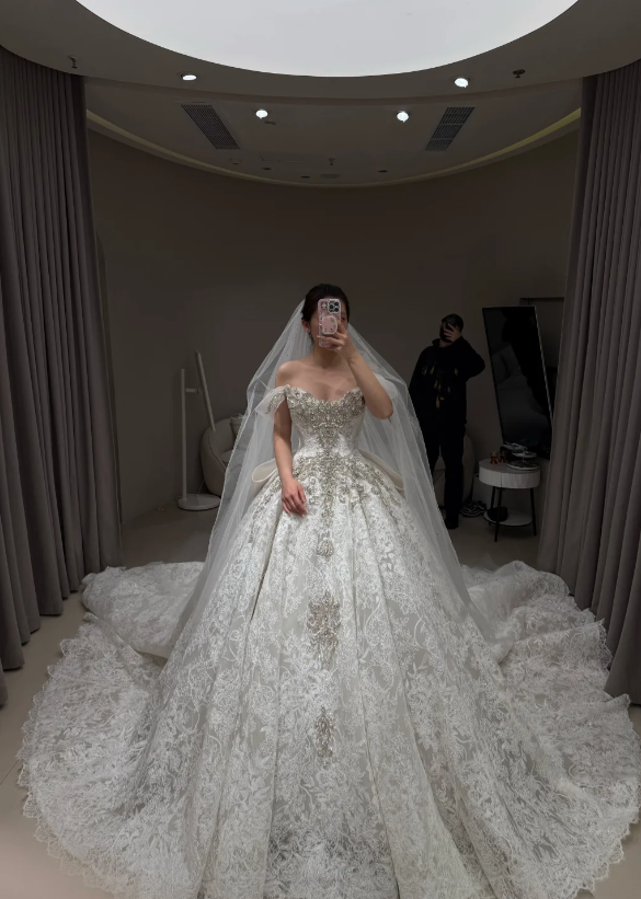 Modest Off-shoulder A-Line  Wedding Dress Lace Bridal Gowns Sleeves White Birdal Dress EW04756