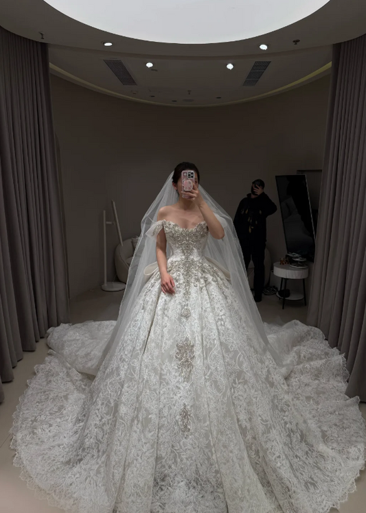 Modest Off-shoulder A-Line  Wedding Dress Lace Bridal Gowns Sleeves White Birdal Dress EW04756