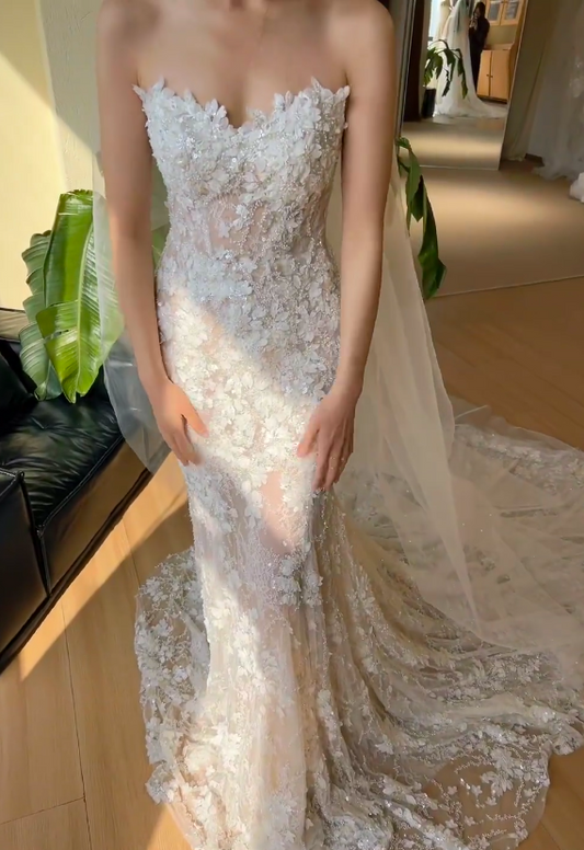 Timeless Sweetheart Mermaid Wedding Dress Appliques Lace Bridal Gowns White Birdal Dress EW04761