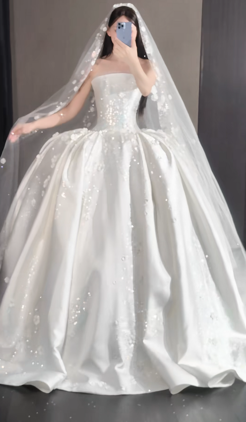 Timeless Strapless A-Line Wedding Dress Satin Bridal Gowns White Birdal Dress EW04764