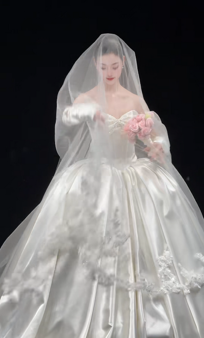 Timeless Sweetheart A-Line Wedding Dress Satin Bridal Gowns White Birdal Dress EW04765