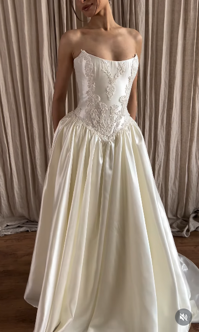 Timeless Strapless A-Line Wedding Dress Satin Bridal Gowns White Birdal Dress EW04769